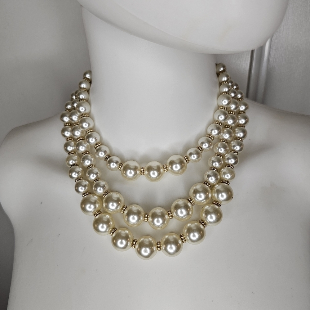 Womens Layered Faux Pearl Statement Necklace With Gold Tone Accents Fashion